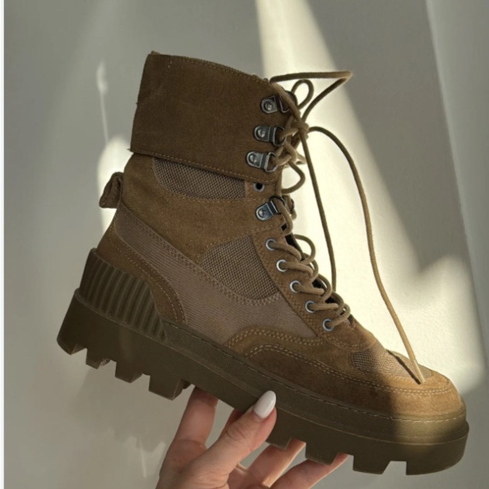 Zara Olive Brown Suede Combat Lug Boots